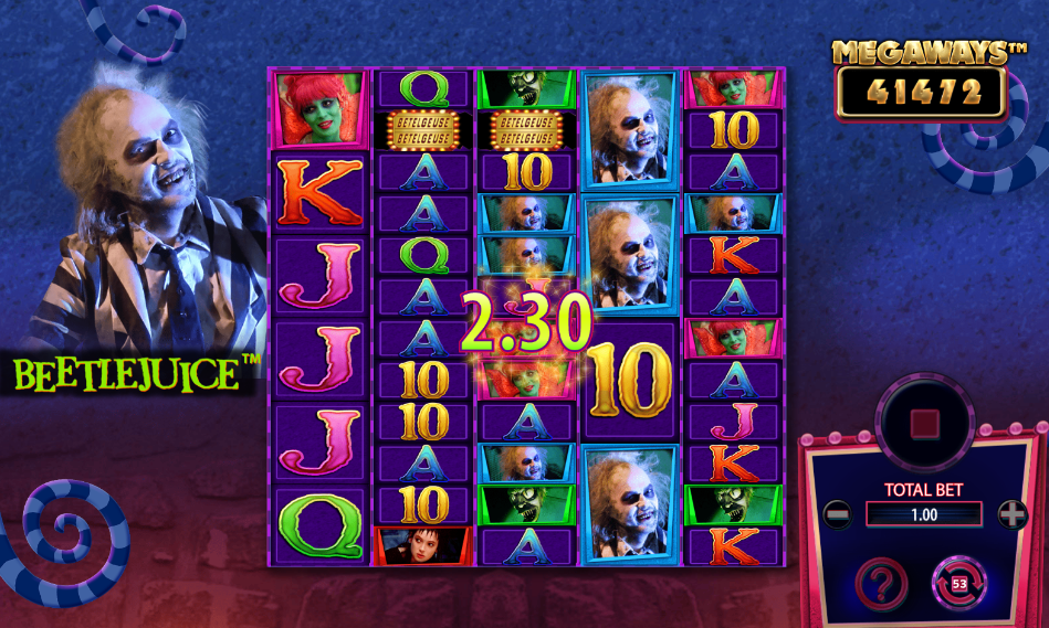Reels filled with repeated Beetlejuice character symbols during a cascade.