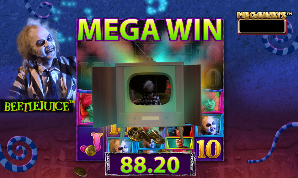 Beetlejuice Megaways Mega Win screen with Beetlejuice on a TV set and 88.20 won.