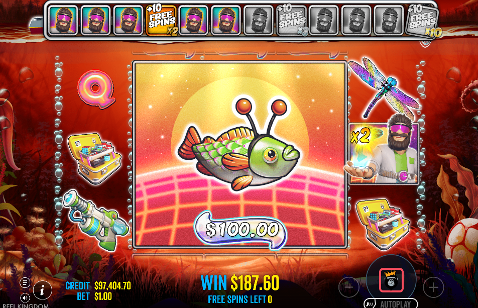A giant $100 money fish fills the centre of the screen mid free spins with a 2x multiplier fisherman visible