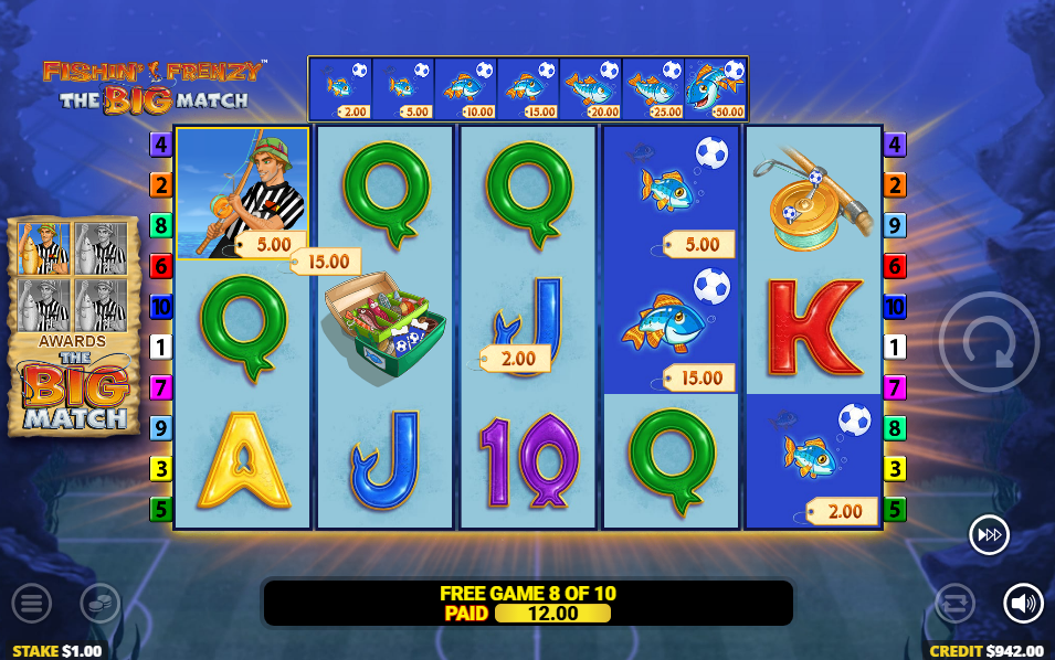 Free games board with tagged money fish, a referee fisherman and the Big Match meter