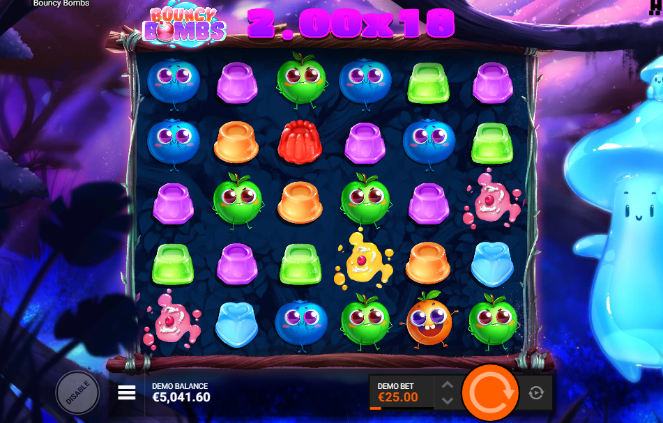 A round total of 2.00 with an 18x bomb multiplier shown above the Bouncy Bombs reels
