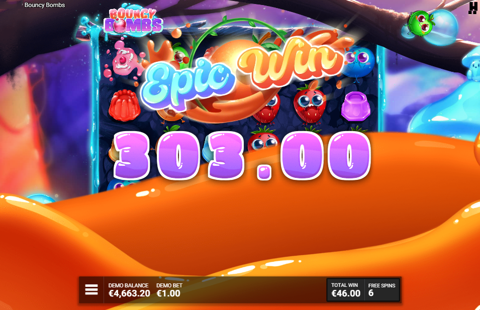 An Epic Win of 303 during the Bombastic free spins round