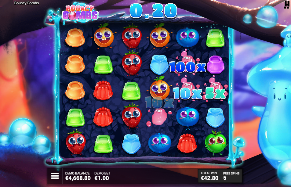 A 100x, two 10x and a 5x bomb on the grid above a 0.20 win