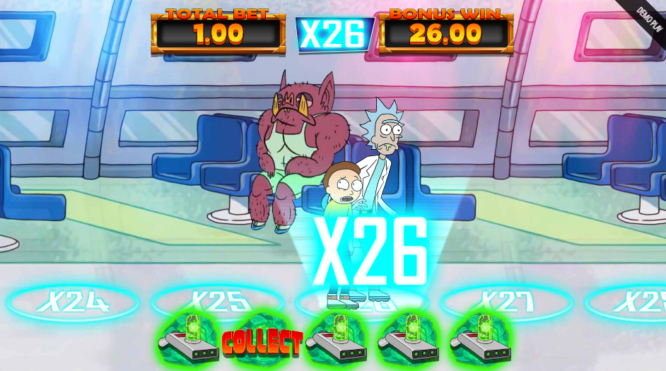 Rick and Morty on the trail at X26 with a bonus win of 26.00 and Collect revealed on a pick.
