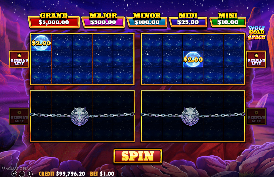 A Bonus round with blue moons on the top two grids and the bottom two grids chained shut.