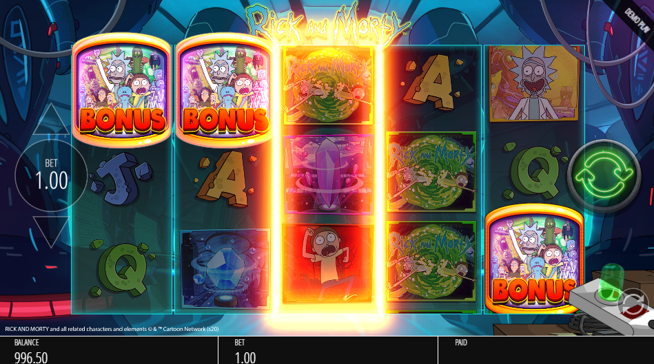 Two dimmed bonus symbols held on reels 1 and 2 while a gold flare runs down the reel beside them.