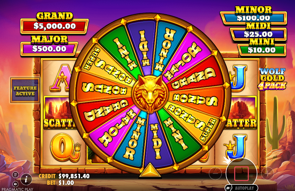 The bonus wheel mid-spin, a gold wolf head ringed by coloured jackpot and bonus segments.