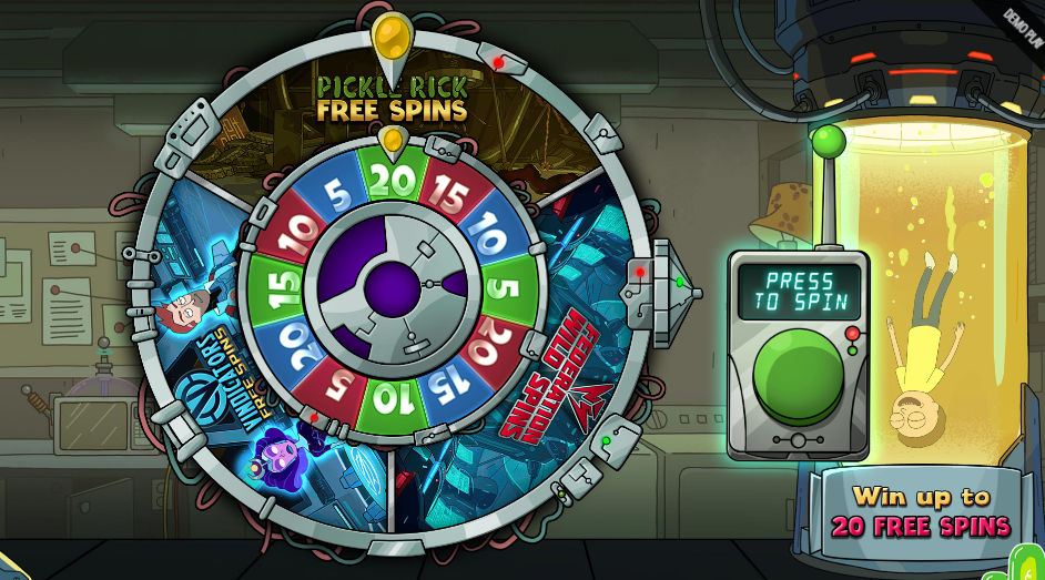 Rick and Morty Megaways bonus wheel with Pickle Rick, Federation and Vindicators segments, capped at 20 free spins