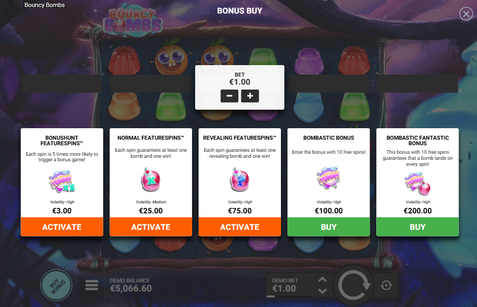 The Bouncy Bombs bonus buy menu showing five options from BonusHunt FeatureSpins to Bombastic Fantastic Bonus at a 1.00 bet