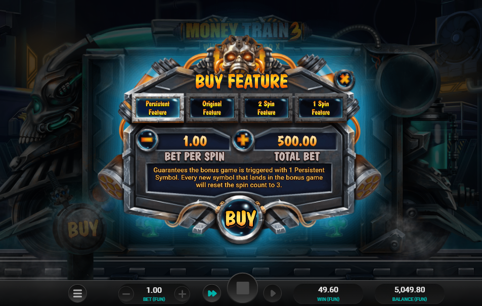 Buy Feature menu showing four tiers with the 500x Persistent option selected