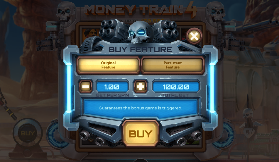 Buy Feature menu showing Original and Persistent options with a 100x total bet.