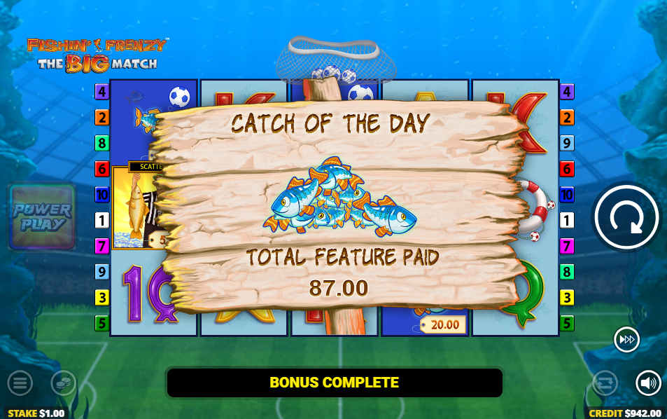 Catch of the Day showing the Total Feature Paid amount at the end of a free games round