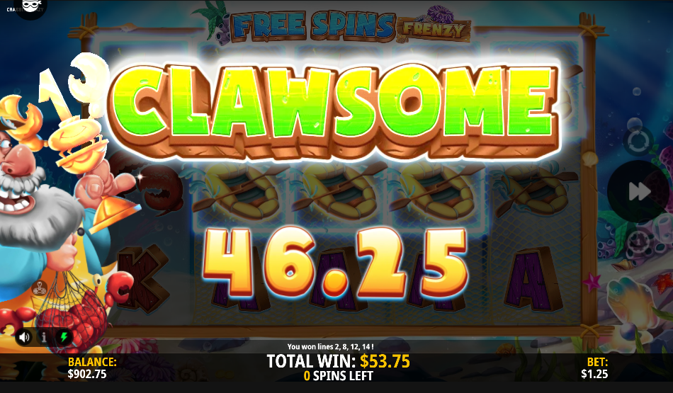 CLAWSOME banner over a 46.25 free spins win with dinghy symbols across synced reels