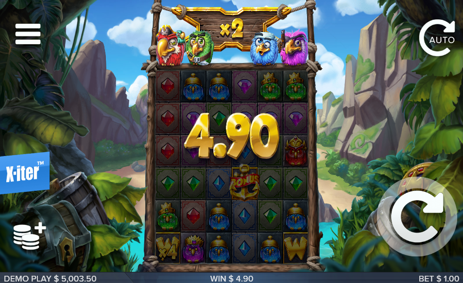 A base 5x5 grid with a $4.90 win showing, a x4 wild bottom left and the multiplier sign reading x2