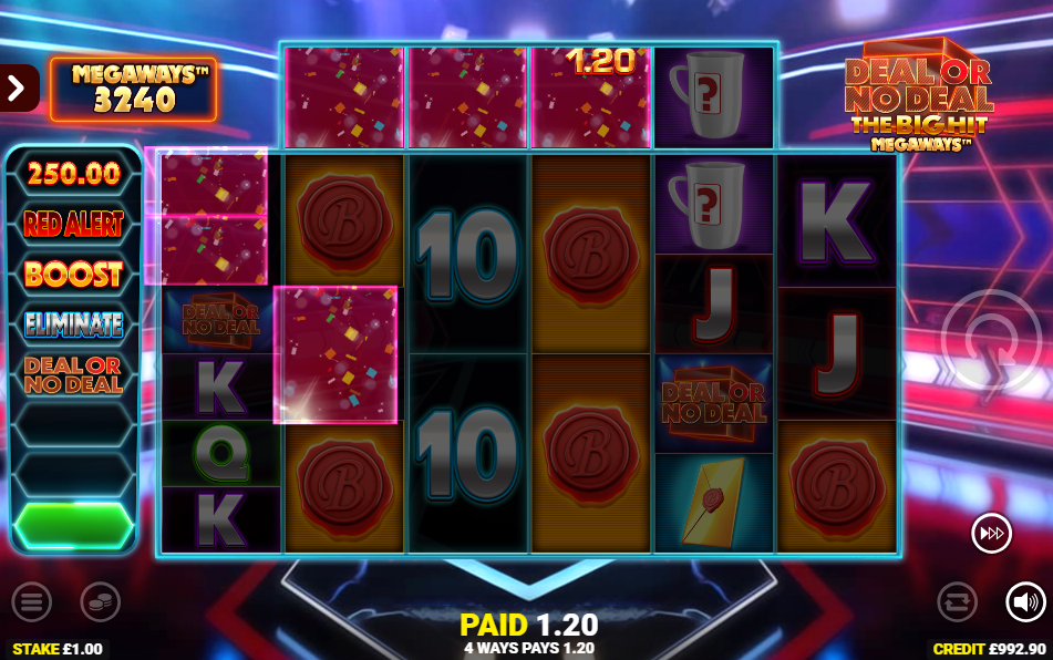 Cascade clearing red box symbols for a 1.20 win with the eight-step Bonus Trail down the left
