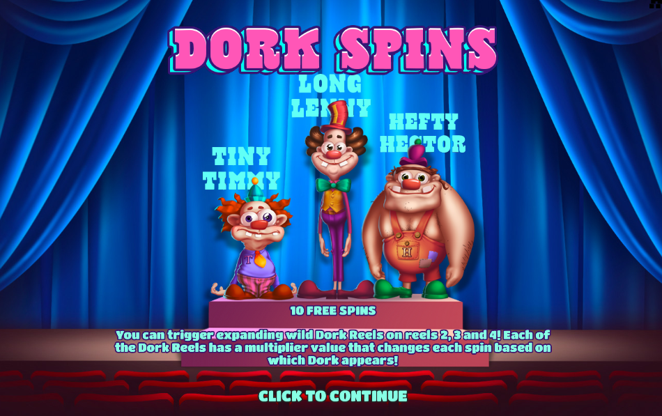 Dork Spins trigger screen showing Tiny Timmy, Long Lenny and Hefty Hector and expanding wild Dork Reel rules.