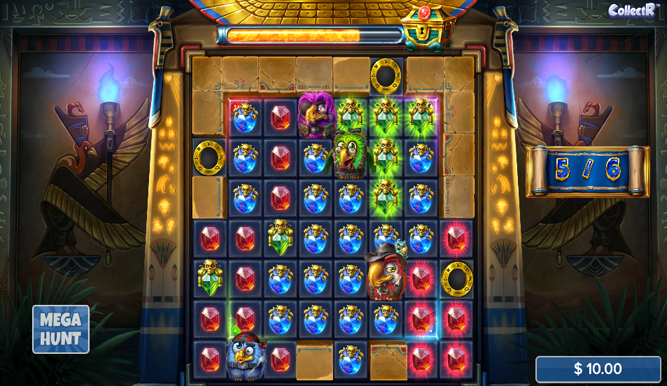 Expanded eight by eight grid packed with coloured gems and four birds