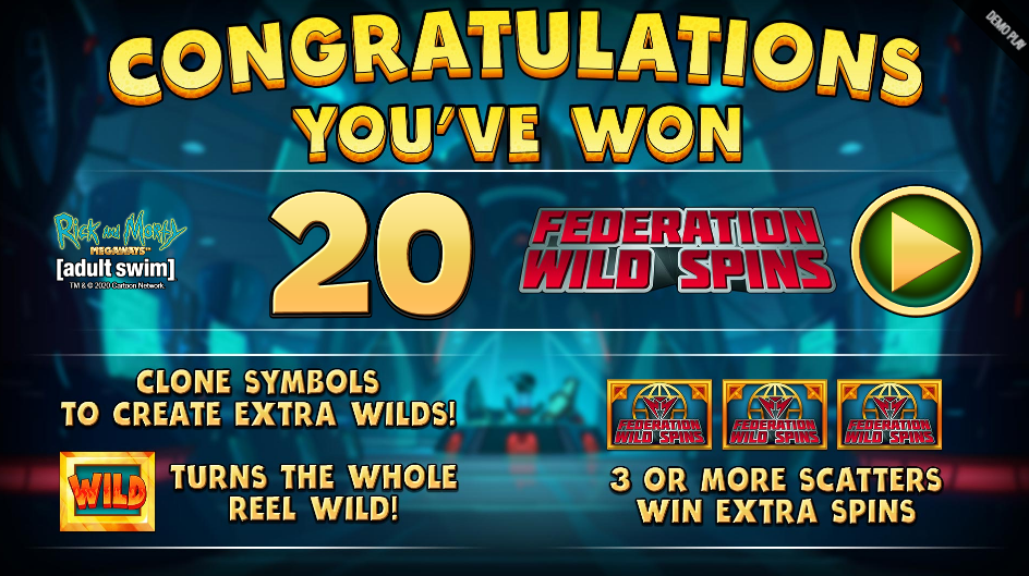 The Federation Wild Spins award screen, 20 spins won, with the rule to clone symbols into extra wilds
