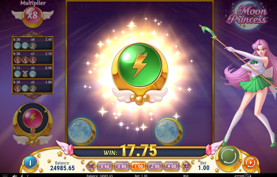 Moon Princess grid clearing in a burst, every symbol gone, multiplier badge lit on x8