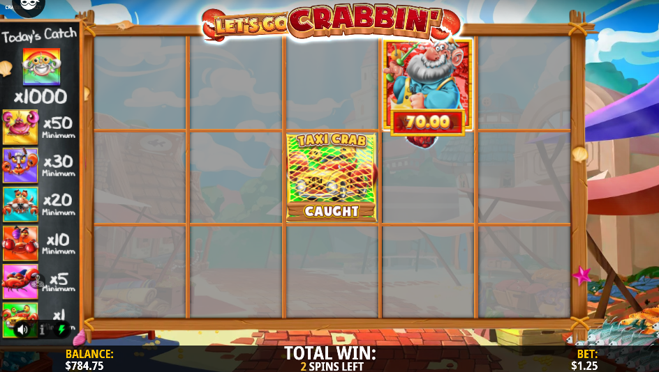 Fisherman symbol showing a 70.00 collect in the Let's Go Crabbin' respins beside the Today's Catch board