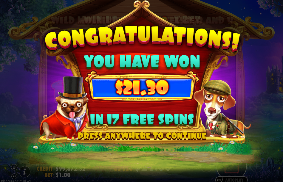 Free spins end screen reading 21.30 won in 17 free spins with the pug and beagle characters either side.