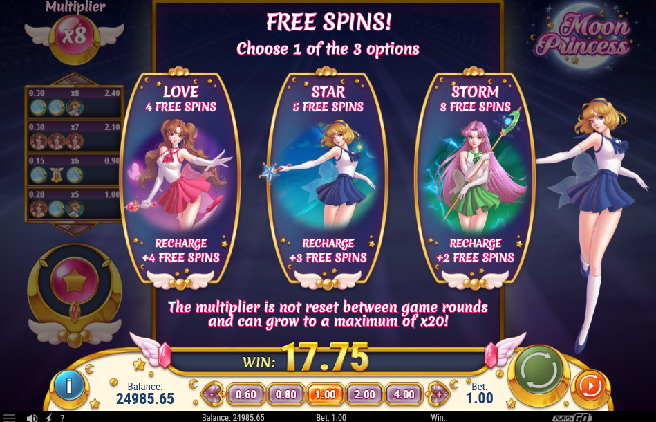 Free spins choice screen showing Love 4, Star 5 and Storm 8 spins with their recharge amounts, multiplier at x8