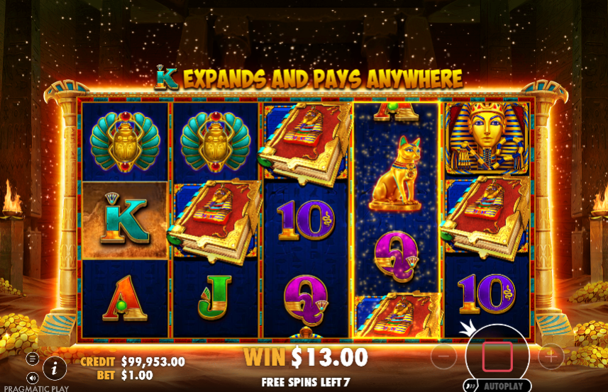 Free-spins screen with a fiery reel border and dark temple backdrop