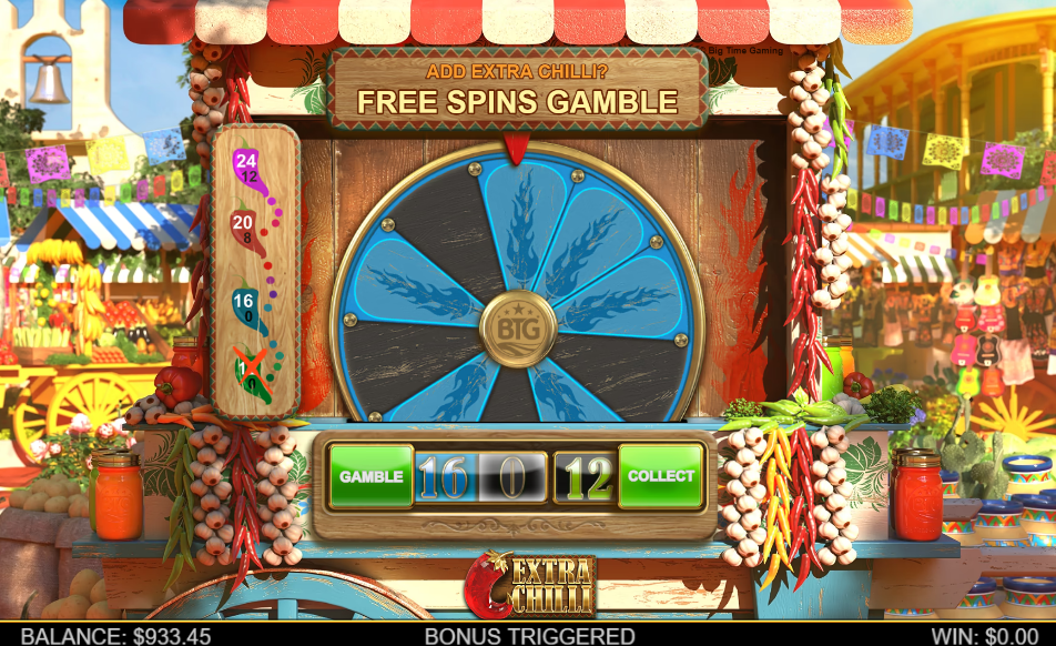 Free Spins Gamble wheel in blue, showing GAMBLE 16 against a black 0 and COLLECT on 12.