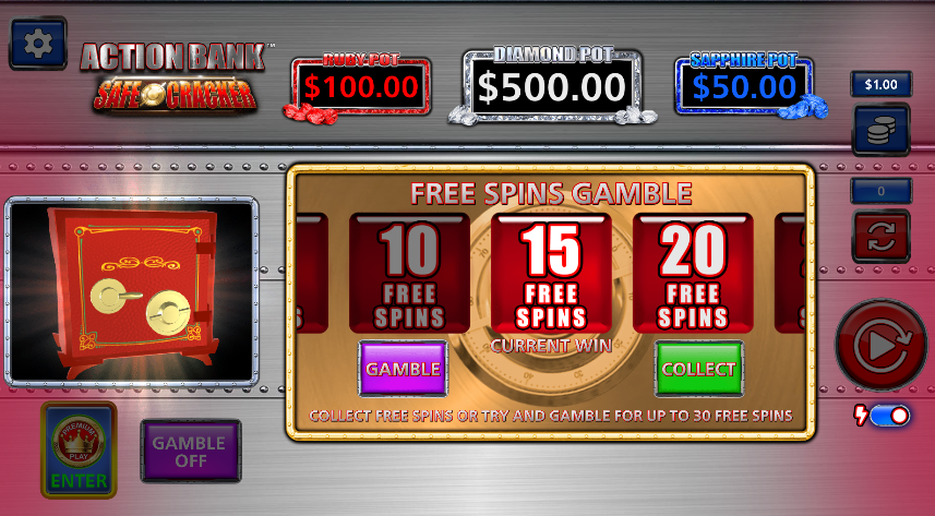 Free Spins Gamble screen showing 10, 15 and 20 spin options with Gamble and Collect buttons.