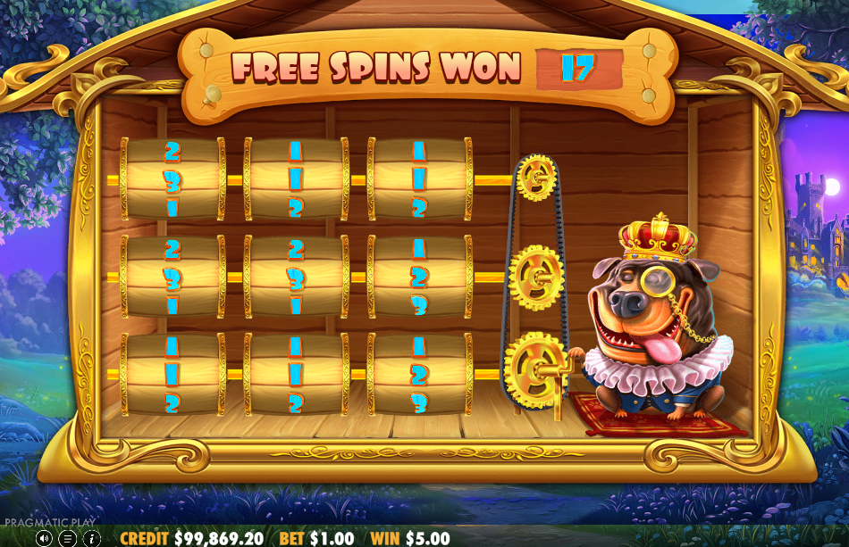 A 3x3 barrel grid inside the dog house with the crowned bulldog
