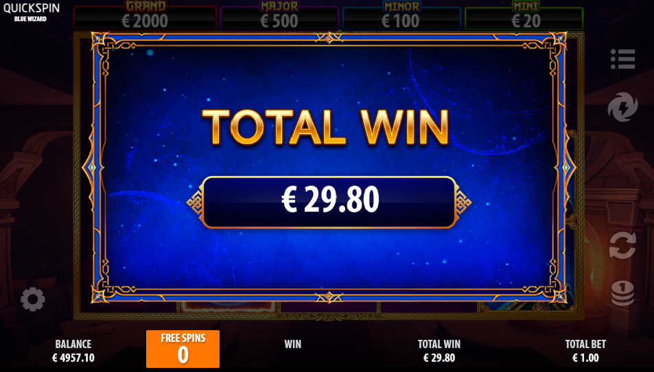 Free spins total win screen showing €29.80 with no spins remaining.