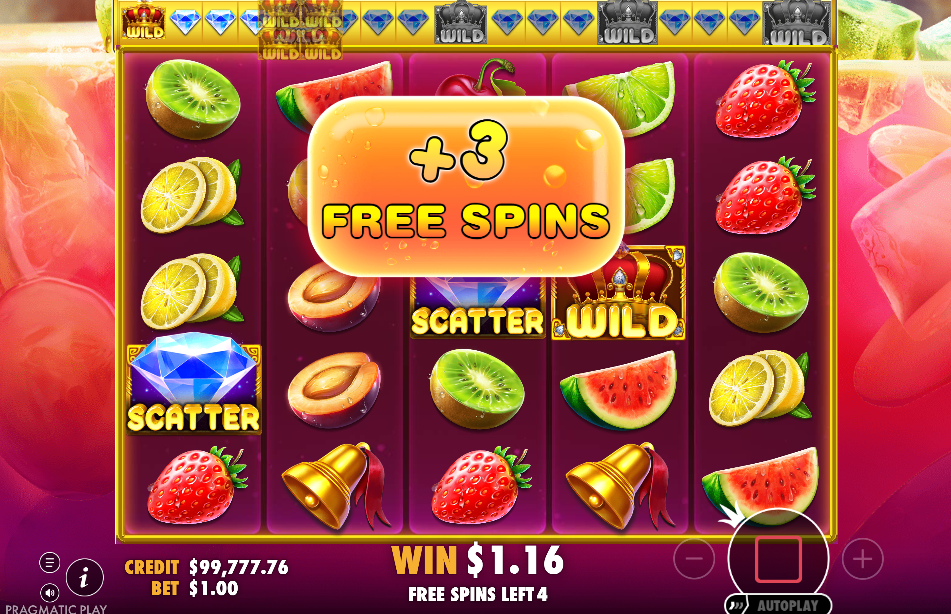 Juicy Fruits free spins with the scatter trail above the reels and a plus 3 free spins award.