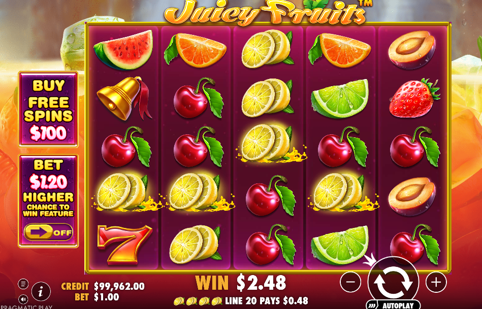 A winning spin in Juicy Fruits paying $2.48, with yellow splashes under four lemons on line 20.