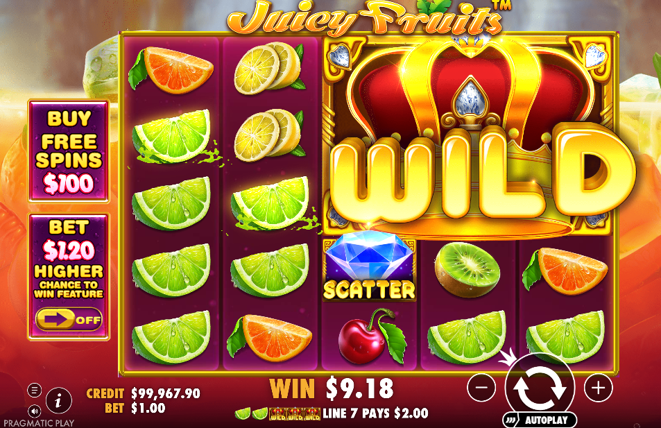 A 3x3 crown wild filling the right of the Juicy Fruits grid in regular play, with a scatter symbol below it.