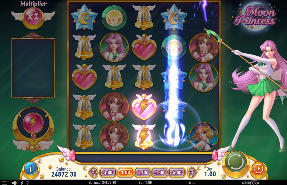 Storm Girl Power firing on a green backdrop, lightning marking the heart and bell symbols before both sets are destroyed