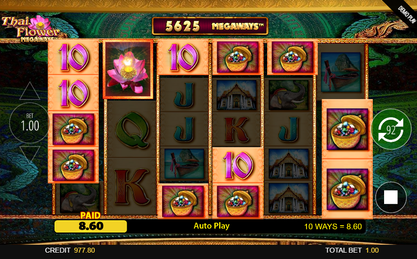 Thai Flower Megaways base reels showing an 8.60 credit win on gold urn symbols at 5,625 Megaways