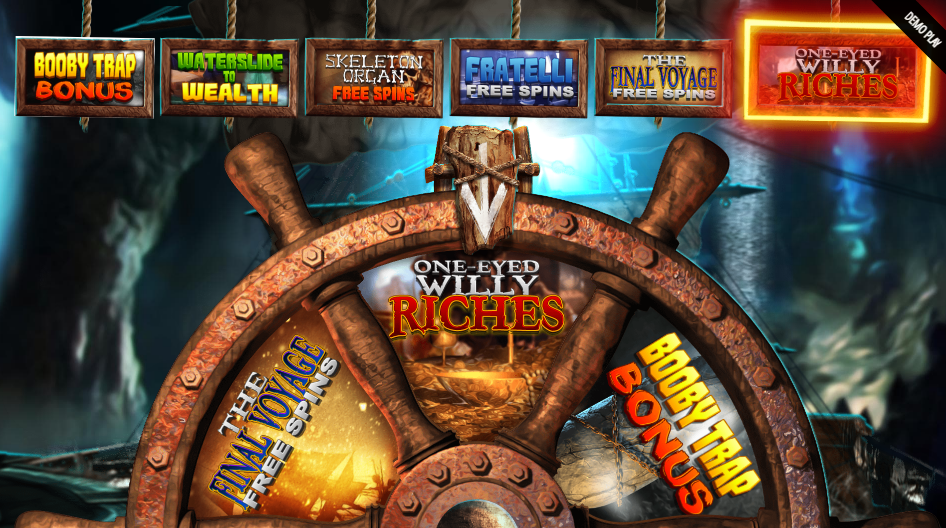 The Goonies Return bonus wheel showing its six feature segments, One-Eyed Willy Riches at the top.