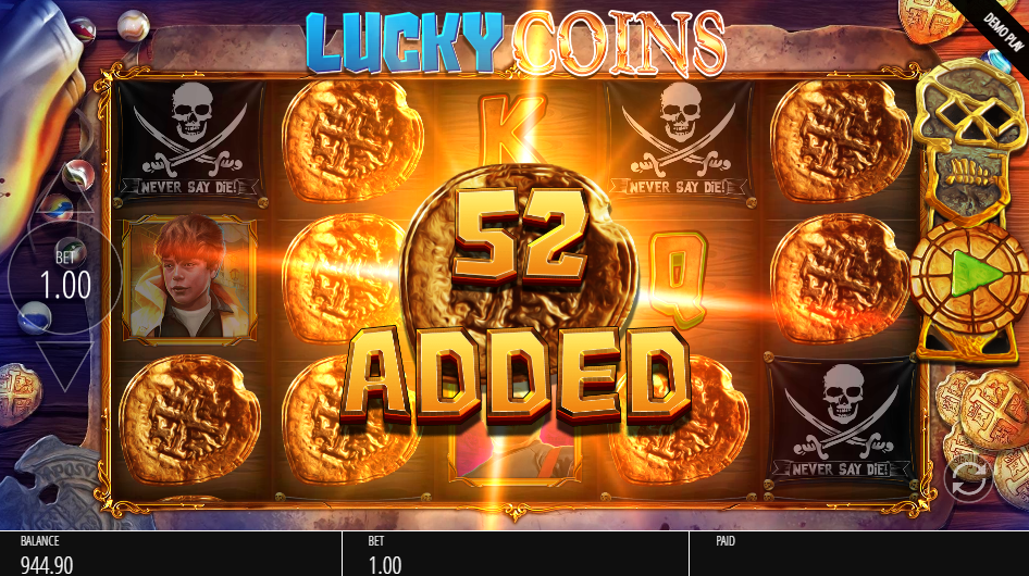 Gold coins filling the reels after a Lucky Coins modifier, with 52 added.