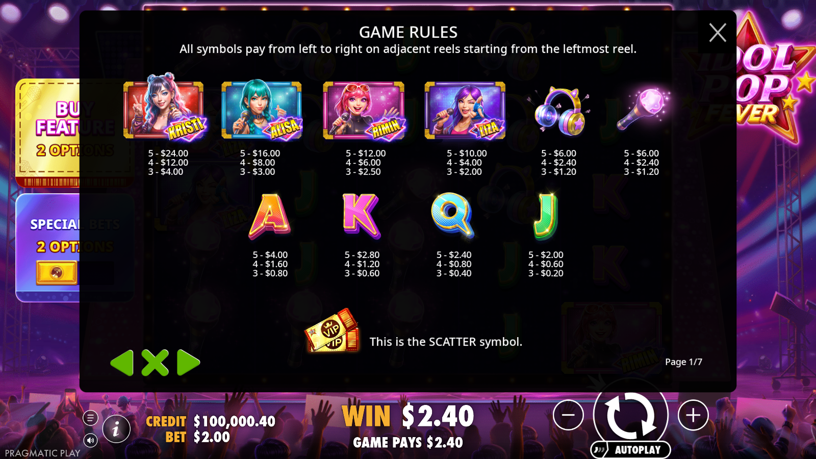 In game paytable from the menu
