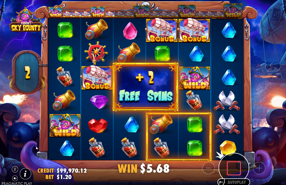 Free spins on a night sky with a plus 2 Free Spins square and collected airship symbols above the reels