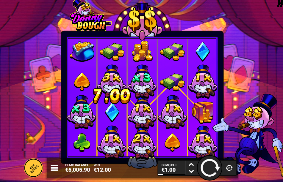 A 12.00 win with Multi-Dough symbols showing x3, 3X, 1X and 2X connected along highlighted paylines.