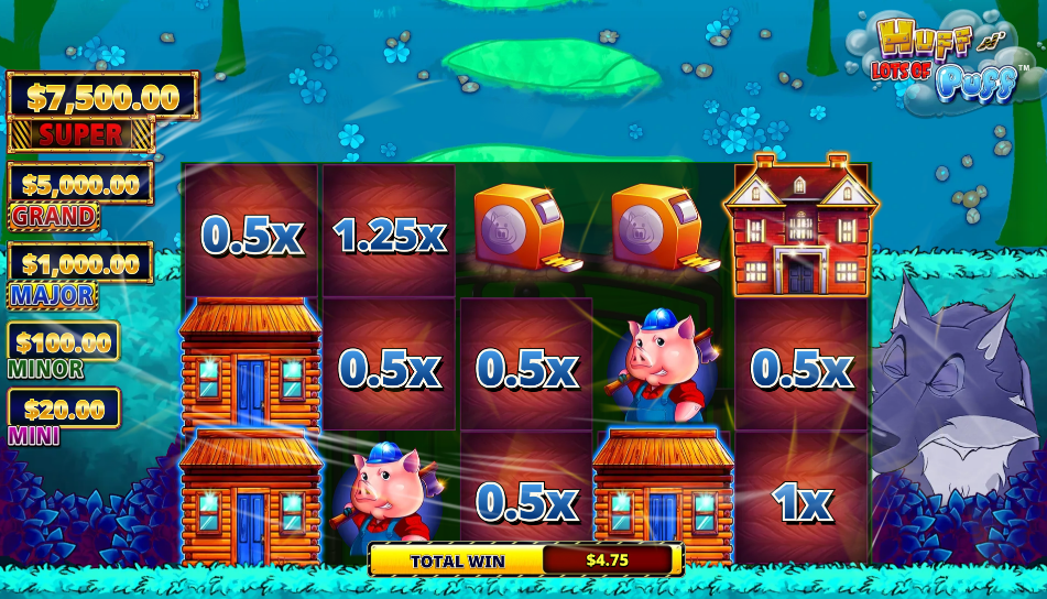 Houses blown down at a feature's end, revealing multiplier prizes across the grid