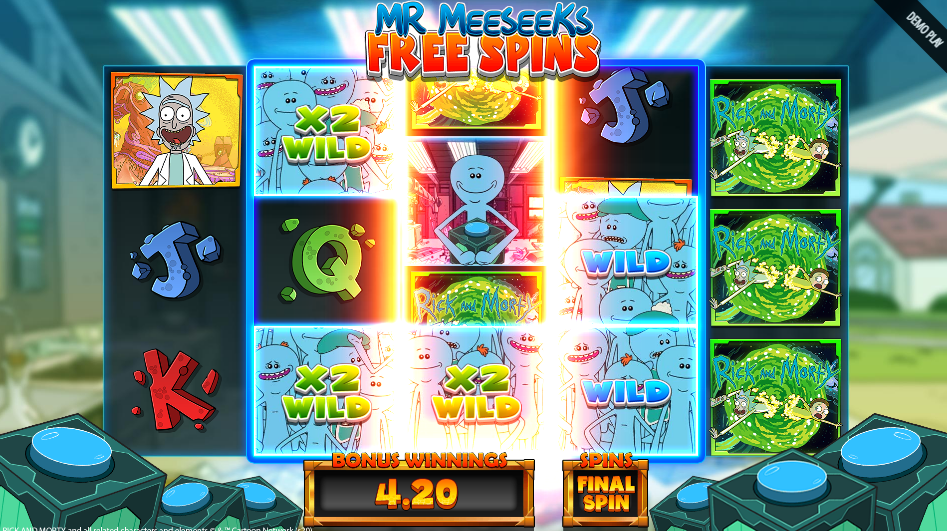 Final spin of Mr Meeseeks Free Spins with three x2 wilds and two plain wilds filling the blue zone.