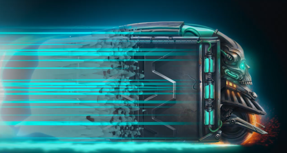 A chrome cyber-skull locomotive forming out of a streak of blue neon light