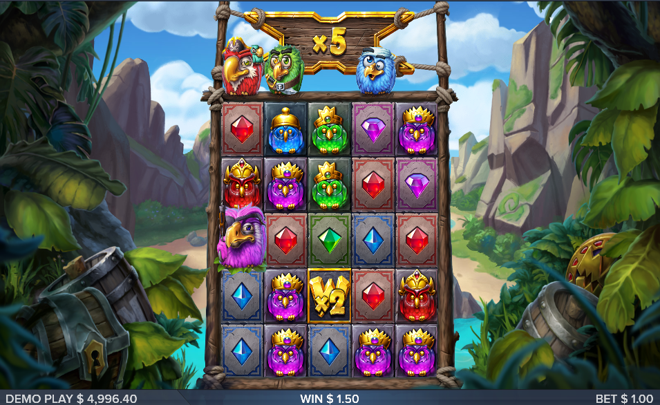 A gold x2 multiplier wild on the grid, the round multiplier sign showing x5 above the four birds