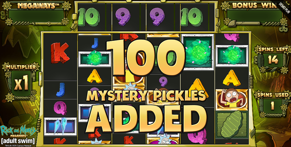 Pickle Rick free spins announcing 100 mystery pickles added