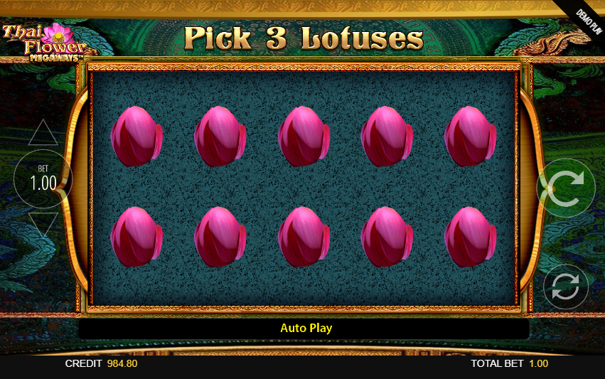 Bonus intro screen reading Pick 3 Lotuses with ten pink lotus pods to choose from.