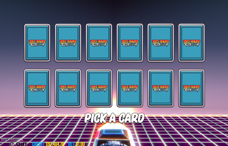 Twelve face-down cards on a neon grid with Pick A Card prompt below