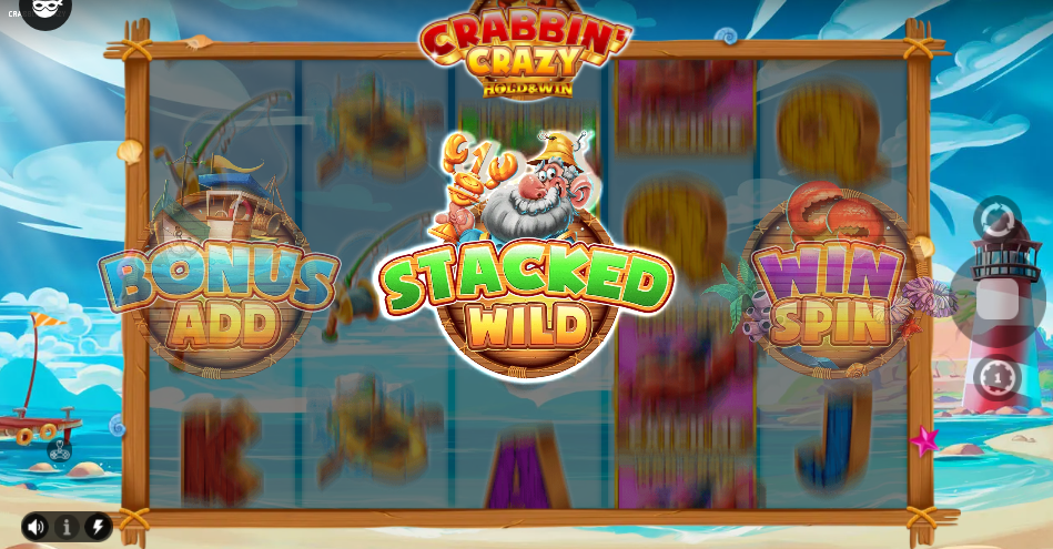 Pick a Crab reveal with Bonus Add, Stacked Wild and Win Spin displayed across the reels
