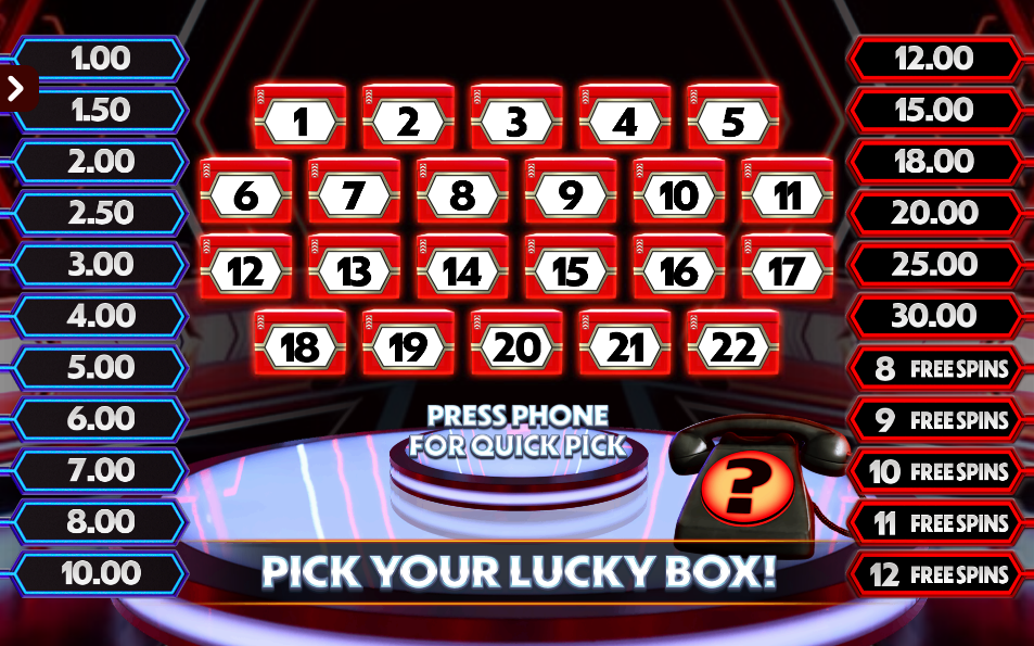 Bonus board with 22 numbered boxes and blue and red cash-value ladders, Pick Your Lucky Box prompt